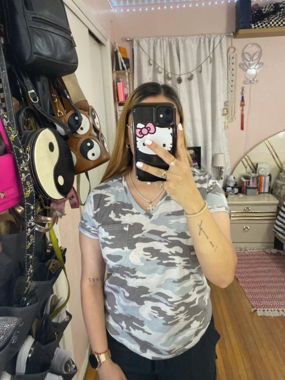 Women's Gray Camo V-Neck Pocket Tee